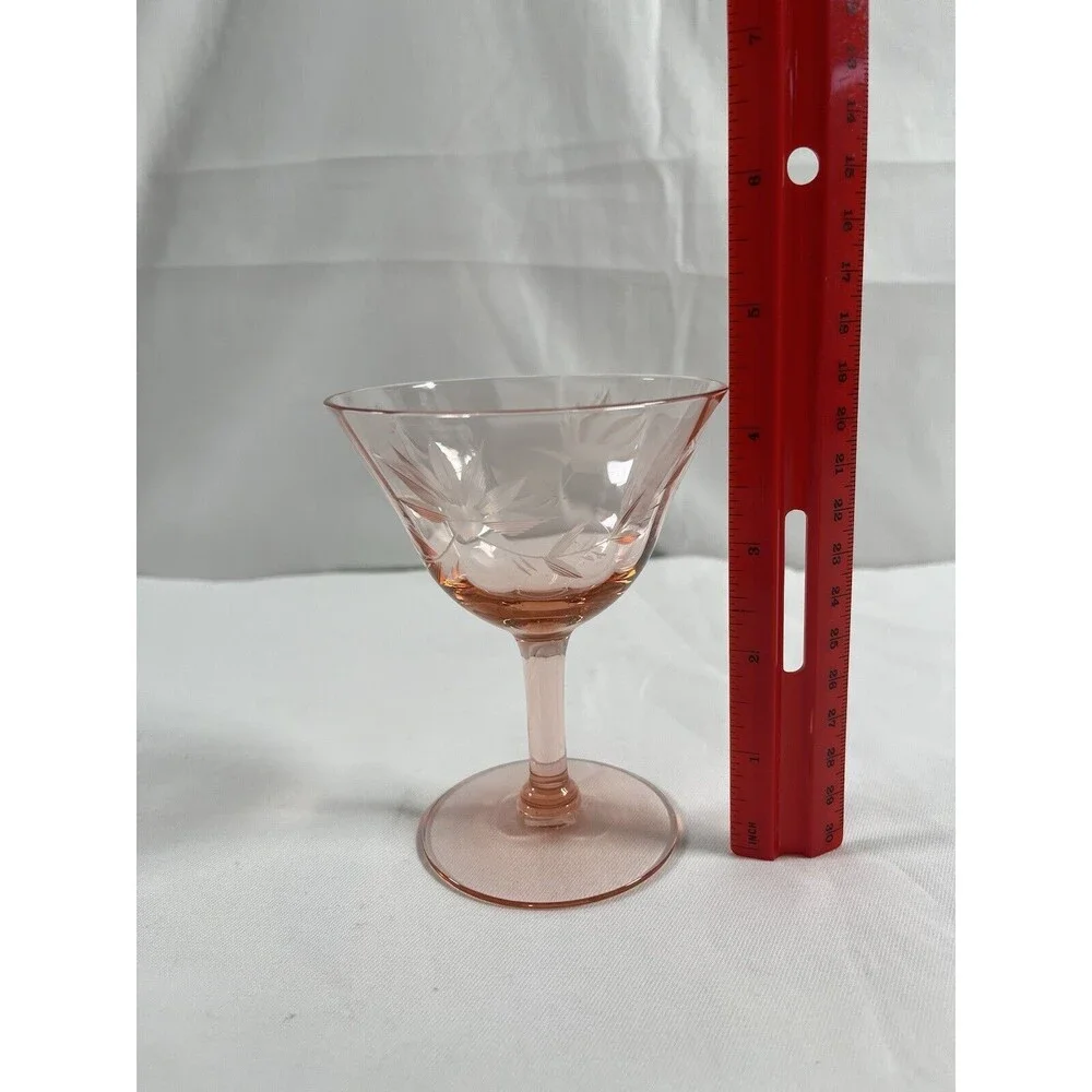 Lot o f 2 Vintage Pink Depression Martini Glass Floral Etched #675